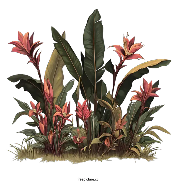 [Transparent Background PNG]Tropical Plants With Green Leaves And Red Flowers