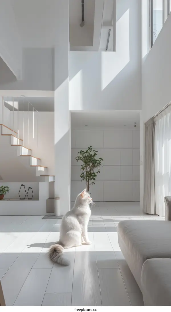 A white cat sitting in a bright and modern living room