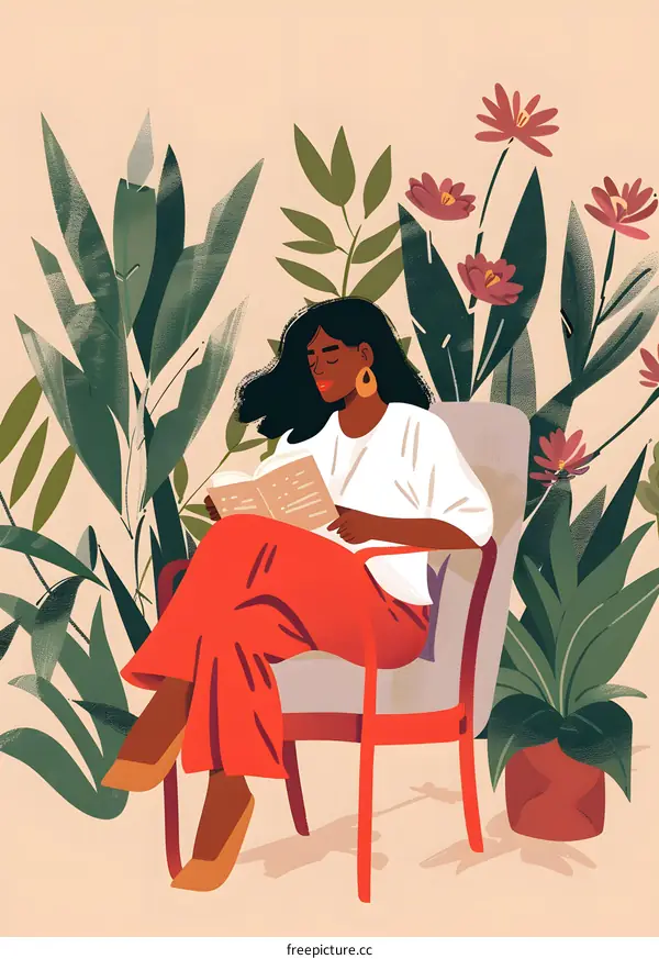 Woman Reading in a Garden Illustration