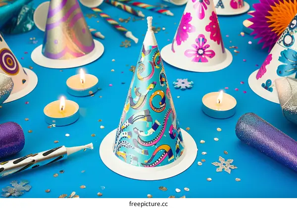 Colorful Party Hats and Decorations on a Blue Background