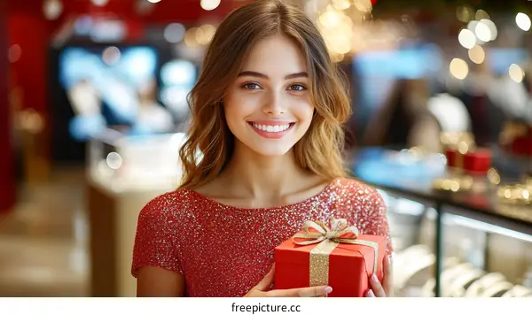 Smiling woman holding a Christmas gift in a jewelry store