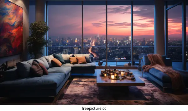 A modern living room with a large window overlooking a city at sunset