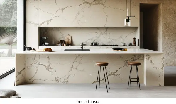 Modern Kitchen with Beige Marble Countertop