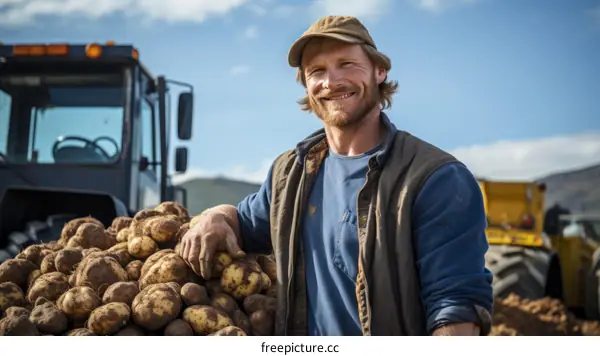 A farmer standing in a field of potatoes, smiling at the camera
