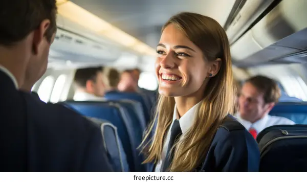 Happy female pilot talking to her copilot