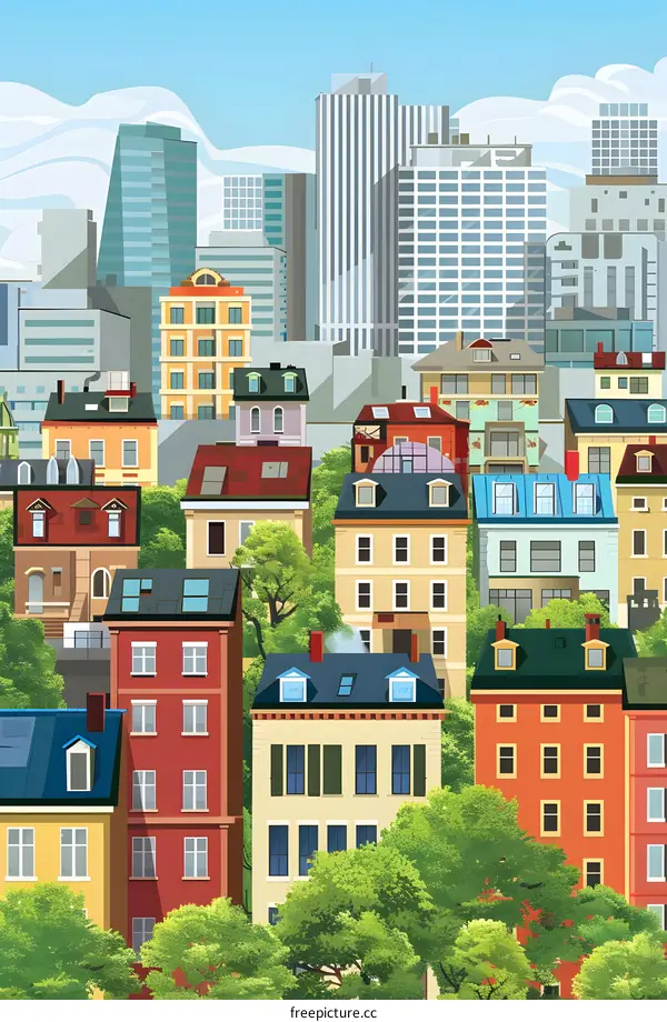 Cityscape with Buildings and Trees Illustration