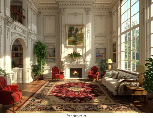 Luxurious Living Room Setting with Fireplace Armchairs and Sofa