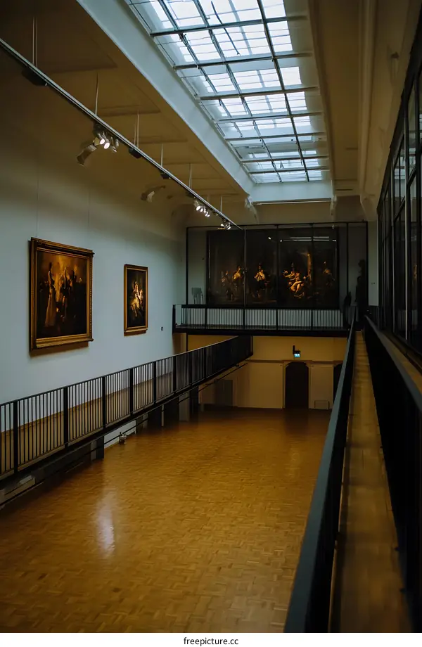 Empty Art Gallery Room With Wood Floor And Paintings
