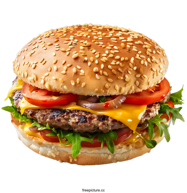 [Transparent Background PNG]Delicious cheeseburger with beef patty and vegetables