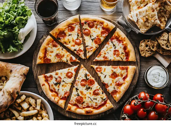 Pepperoni Pizza with Side Dishes on Wooden Table