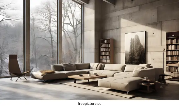 Modern living room interior with large windows and minimalist furniture