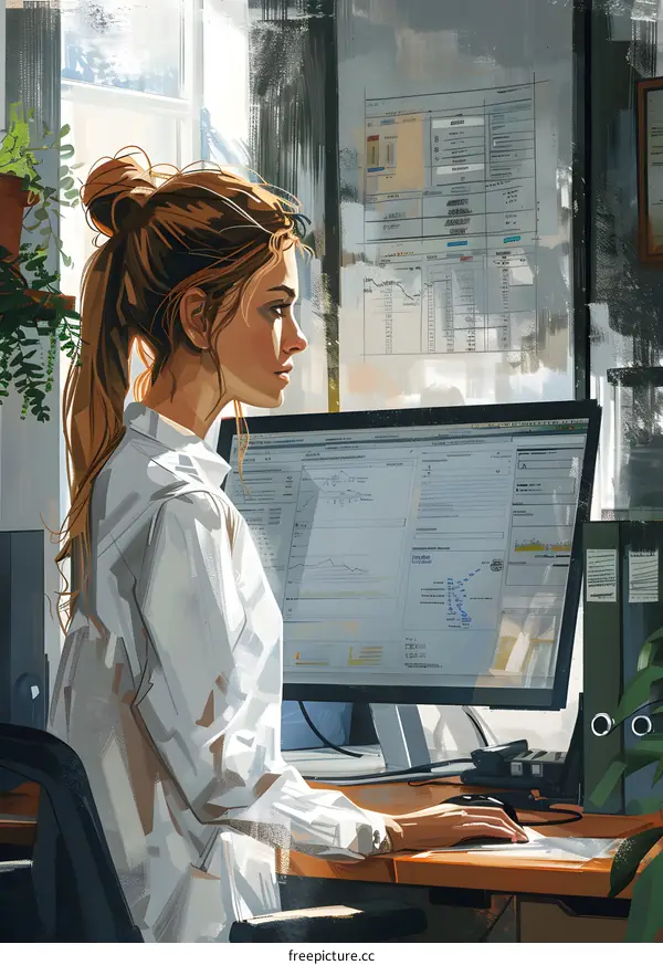 Woman in White Shirt Working on Computer in Office