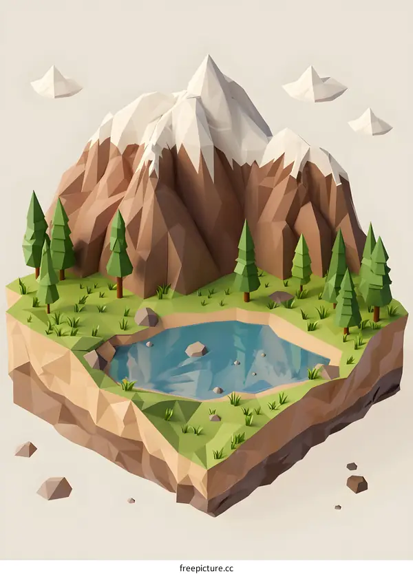 Low Poly Mountain Landscape with Lake and Trees