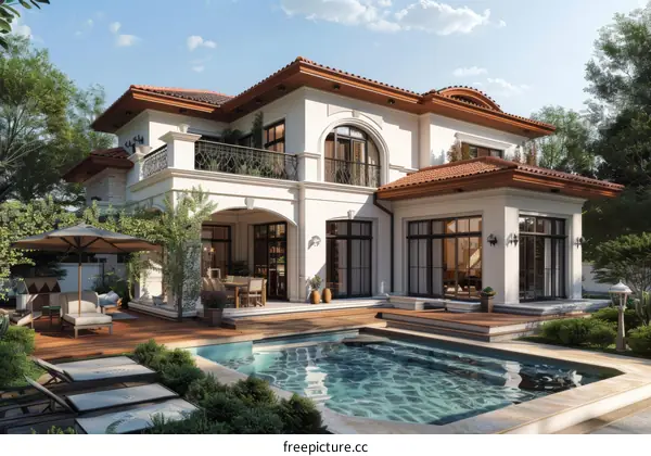 Luxury Outdoor Swimming Pool Area of a Modern House