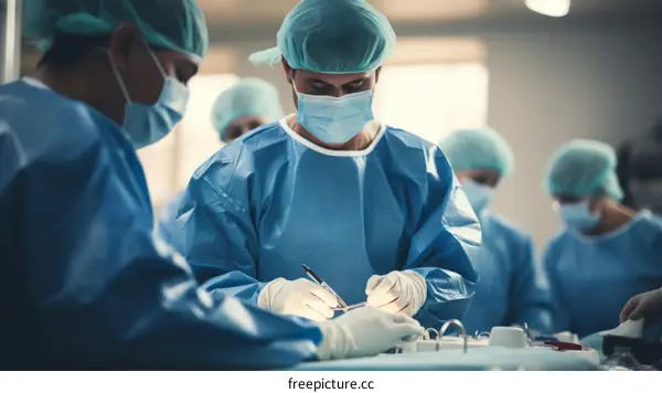 Surgeons performing an operation in a hospital operating room