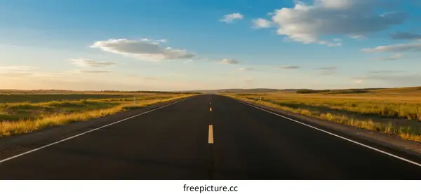 Endless road stretching through open grassy plains under a clear sky