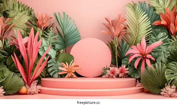 Pink Tropical Flower Background with Podium