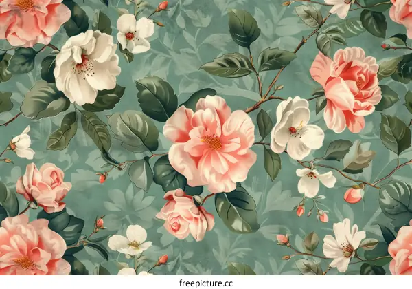 Pink and white roses and leaves seamless pattern