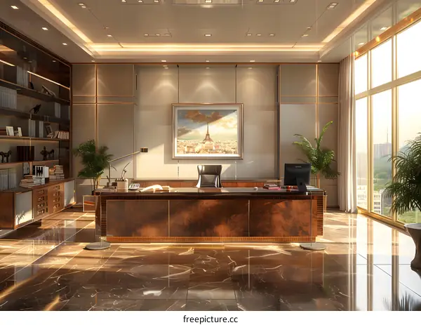 Modern office interior with Eiffel Tower painting on the wall