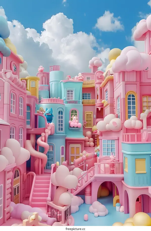 Pink and Blue Cartoon City with Clouds and a Slide