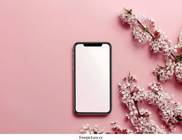 White Flowers and Smartphone on Pink Background