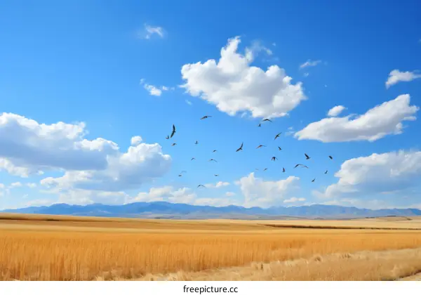 Migratory Birds Flying Above Golden Wheat Field
