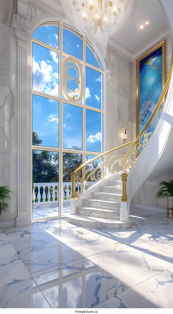 White Marble Staircase with Gold Railing and Large Window