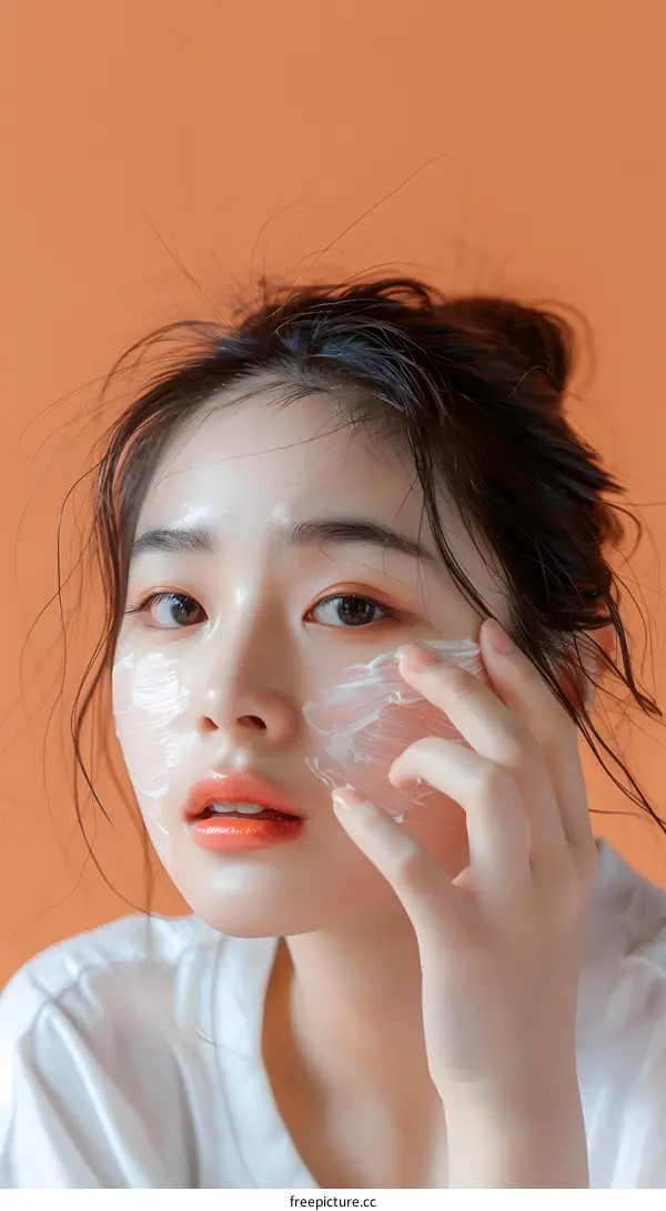 Young Asian Woman Applying Facial Moisturizer
