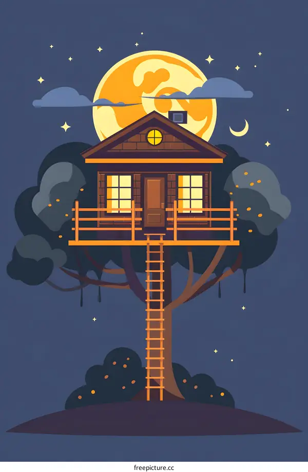Night Sky Treehouse with Full Moon