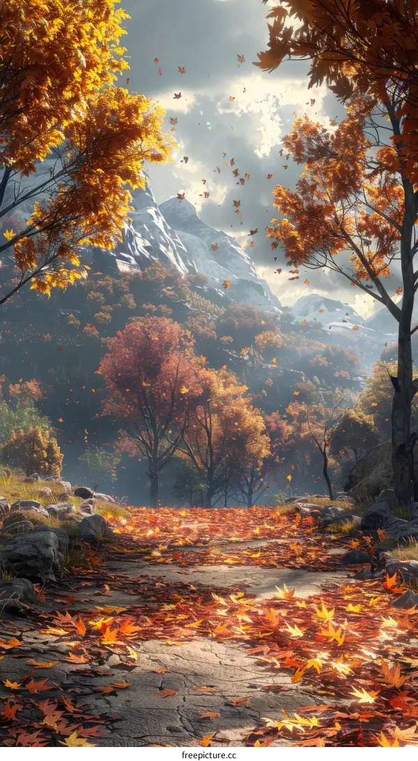 Colorful Autumn Forest Path with Fallen Leaves