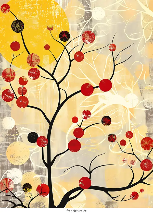 Abstract Tree with Red Circles and Yellow Background