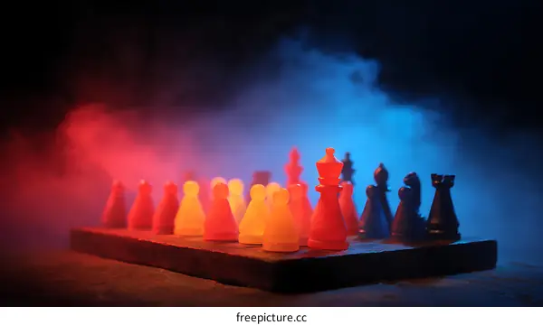 Chess pieces on a board in dramatic lighting