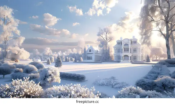 A large white house in a snowy forest