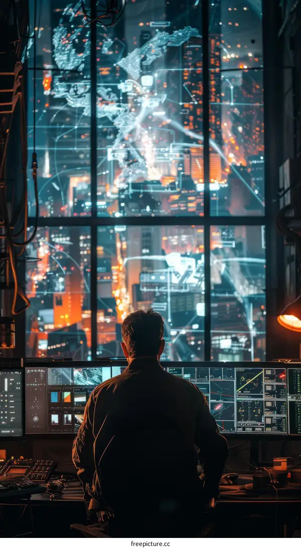 Cyberpunk Cityscape: Man Gazing from Office Window