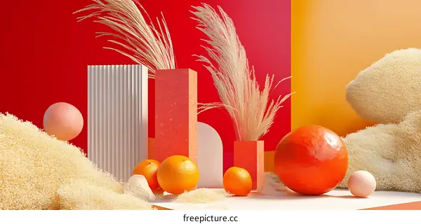 Abstract 3D Still Life with Oranges, Eggs, and White Grass