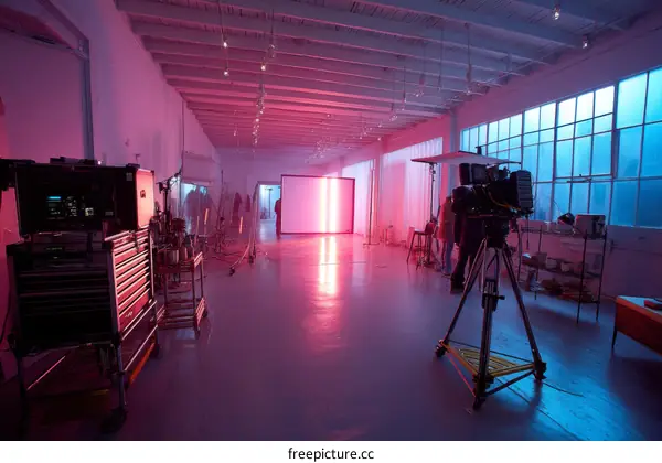 Film Studio Setting with Lighting Equipment and Crew