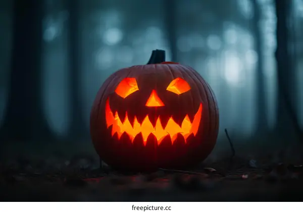 Spooky Halloween Pumpkin glowing in the dark forest