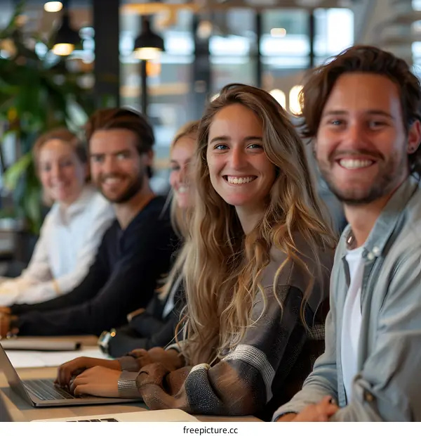 A group of young people are sitting around a table, smiling at the camera