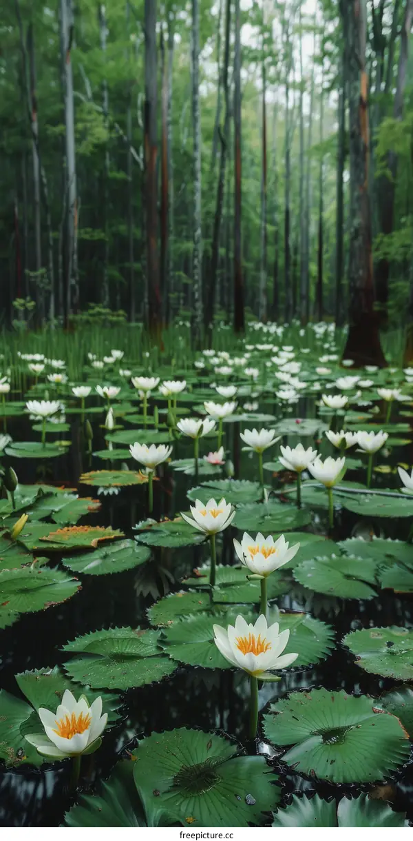 White water lilies in a dark swamp with green trees