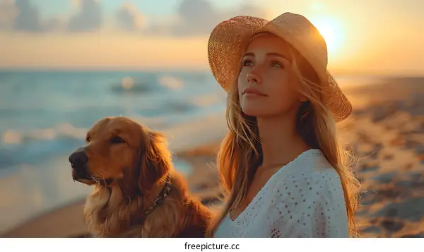 Woman with Golden Retriever Dog on the Beach at Sunset