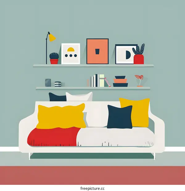 Modern living room interior design illustration with white sofa and colorful pillows