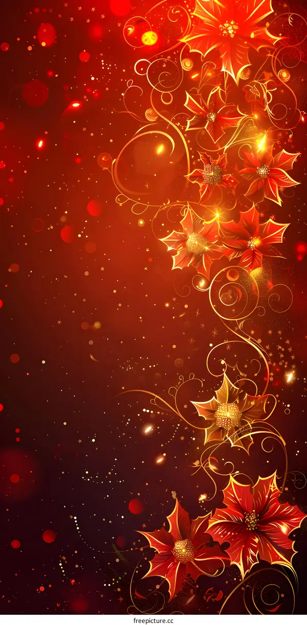 Golden poinsettias bloom on a red background