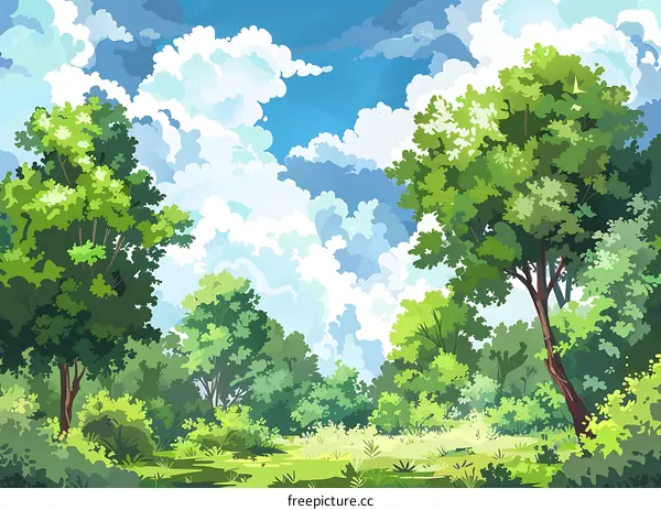 Green Forest Landscape with White Clouds and Blue Sky