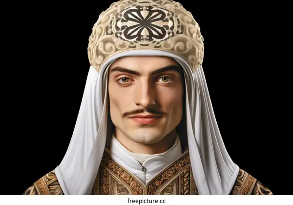 Portrait of a young man in a traditional headdress