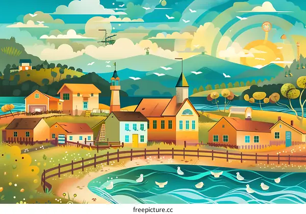 Colorful Illustration of a Village with Houses and a Lake