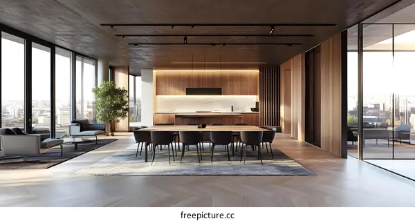 Modern Kitchen and Dining Room with City View