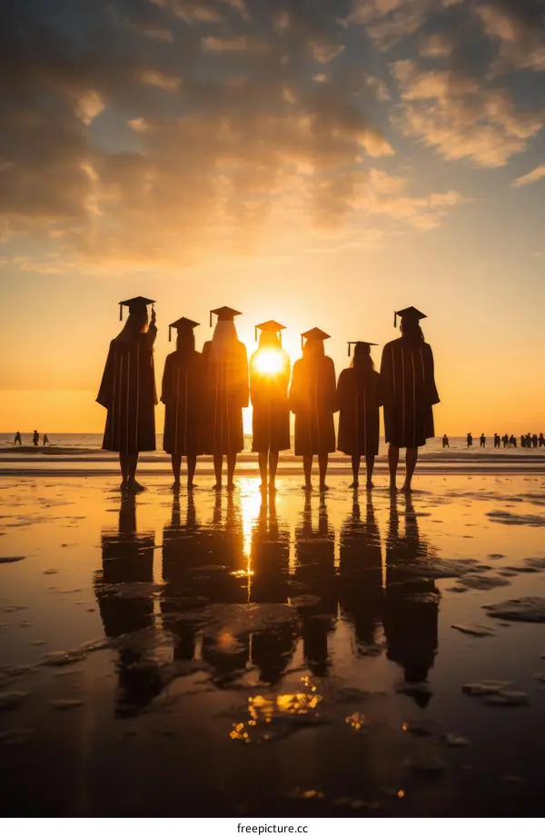 College Graduates Celebrating on Beach at Sunset