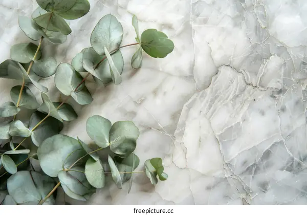 Close-up of eucalyptus leaves on marble background
