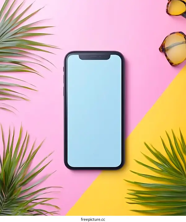 Summer Phone Mockup with Palm Leaves and Sunglasses