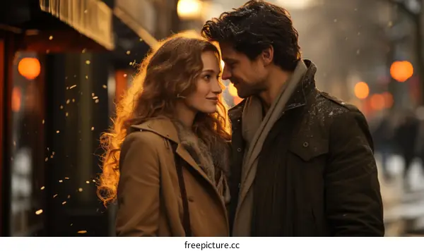 A couple is standing in the snow and looking at each other with love in their eyes